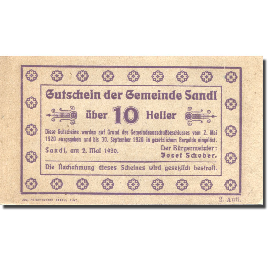 Banknote, Austria, Sandl, 10 Heller, village 1920-05-02, UNC(63), Mehl:FS 874Ib