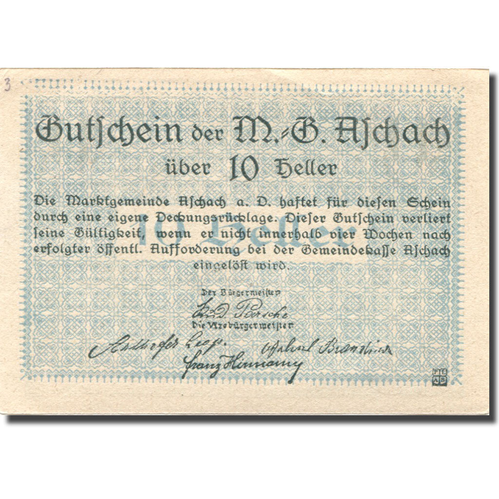 Banknote, Austria, Aschach a/d Donau 10 Heller, Blason, UNC(63), Mehl:FS 53IIb20