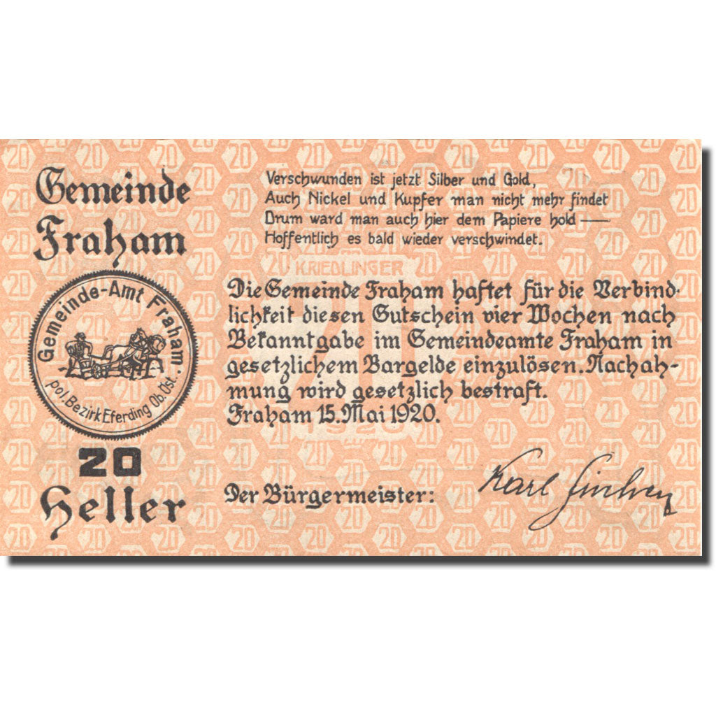 Geldschein, Österreich, Fraham, 20 Heller, paysage, 1920 UNZ- Mehl:FS 205b