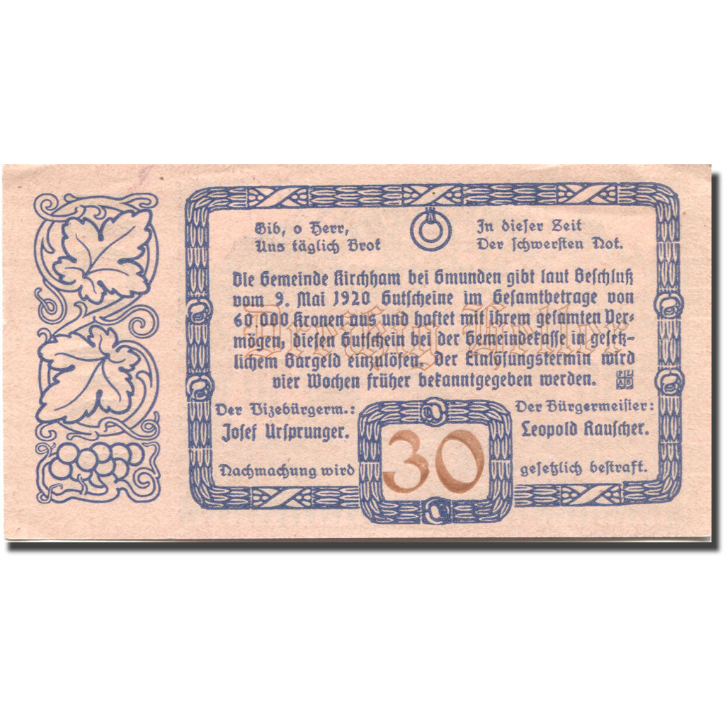 Banknote, Austria, Kirchham, 30 Heller, château, 1920 UNC(63) Mehl:FS 446Ia