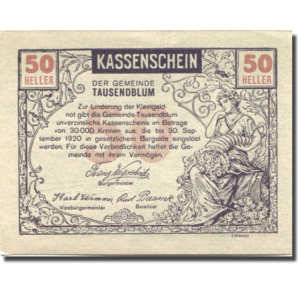 Banknote, Austria, Tausendblum, 50 Heller, personnage, 1920 UNC(63) Mehl:FS 1060