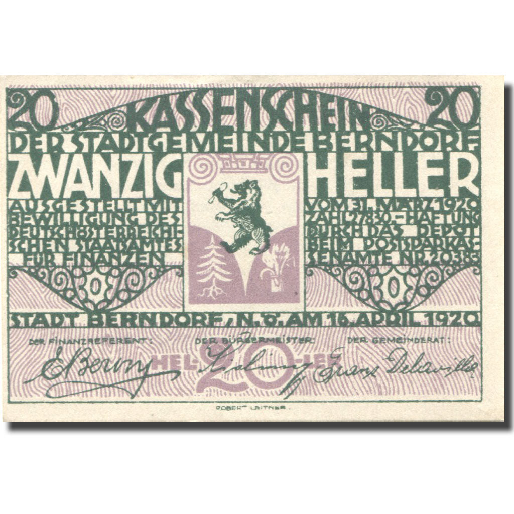Banknote, Austria, Berndorf, 20 Heller, Blason, 1920 UNC(63) Mehl:FS 83a
