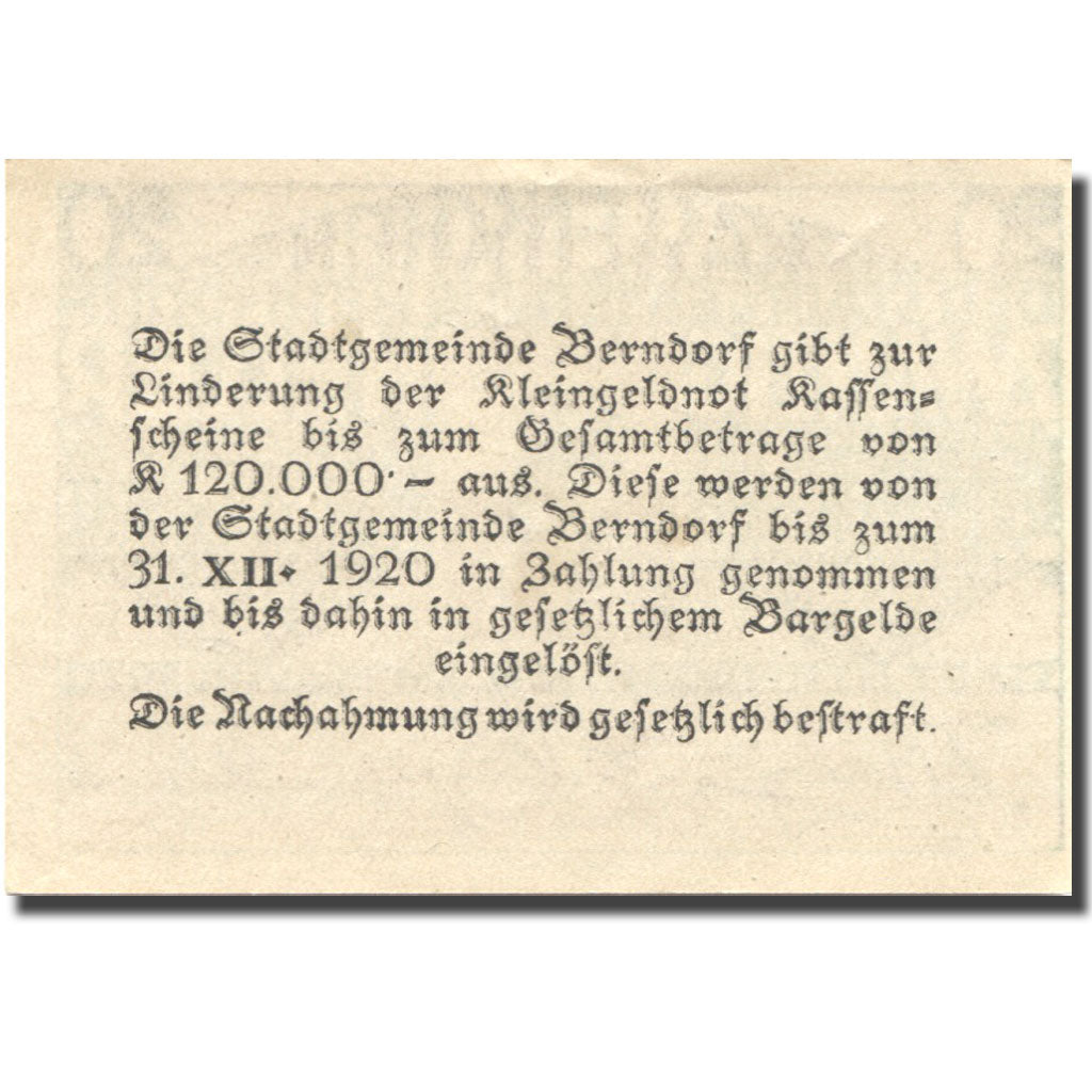 Banknote, Austria, Berndorf, 20 Heller, Blason, 1920 UNC(63) Mehl:FS 83a