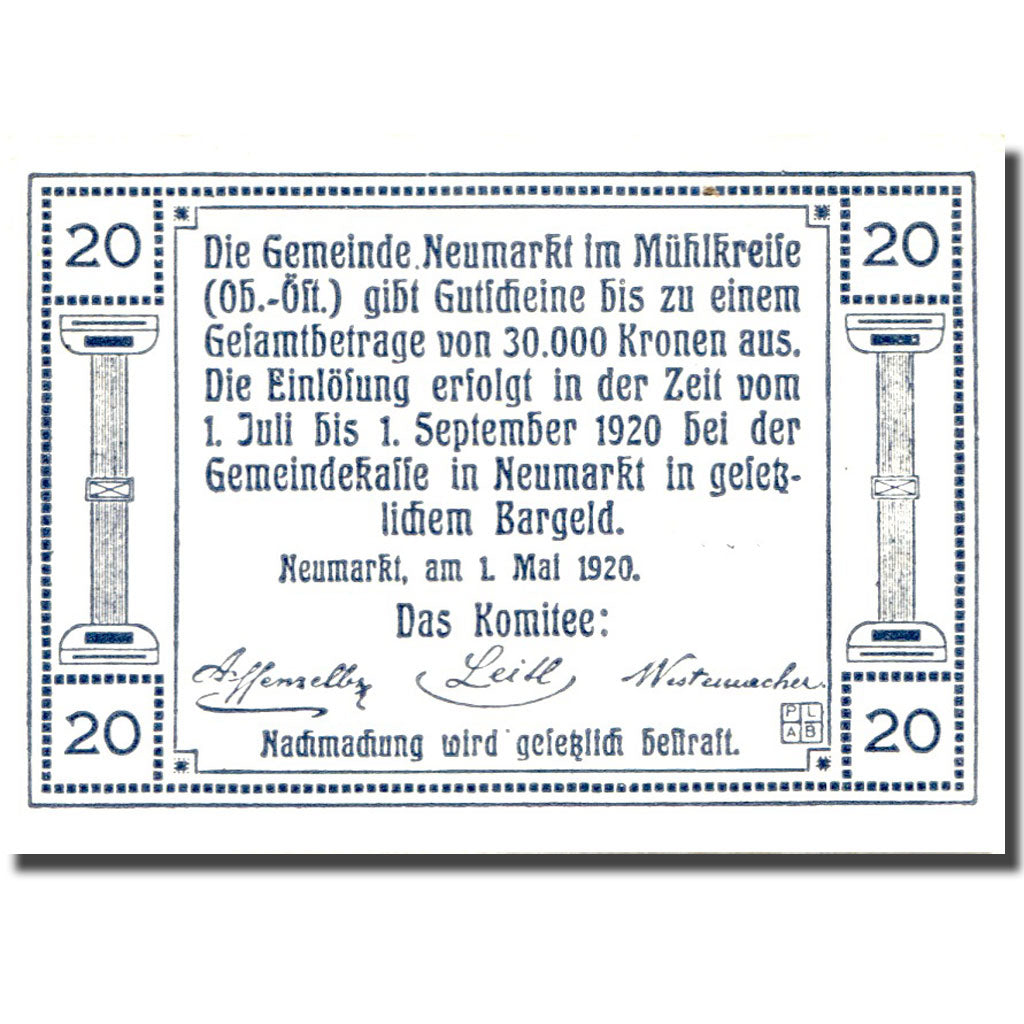Banknote, Austria, Neumarkt, 20 Heller, Eglise, 1920 UNC(63) Mehl:FS 664a