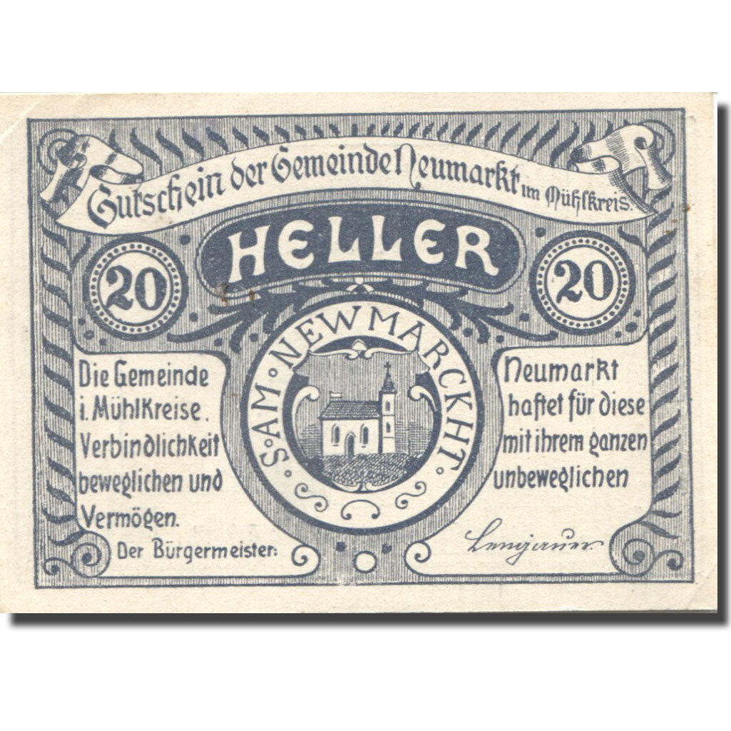 Banknote, Austria, Neumarkt, 20 Heller, Eglise, 1920 UNC(63) Mehl:FS 664a
