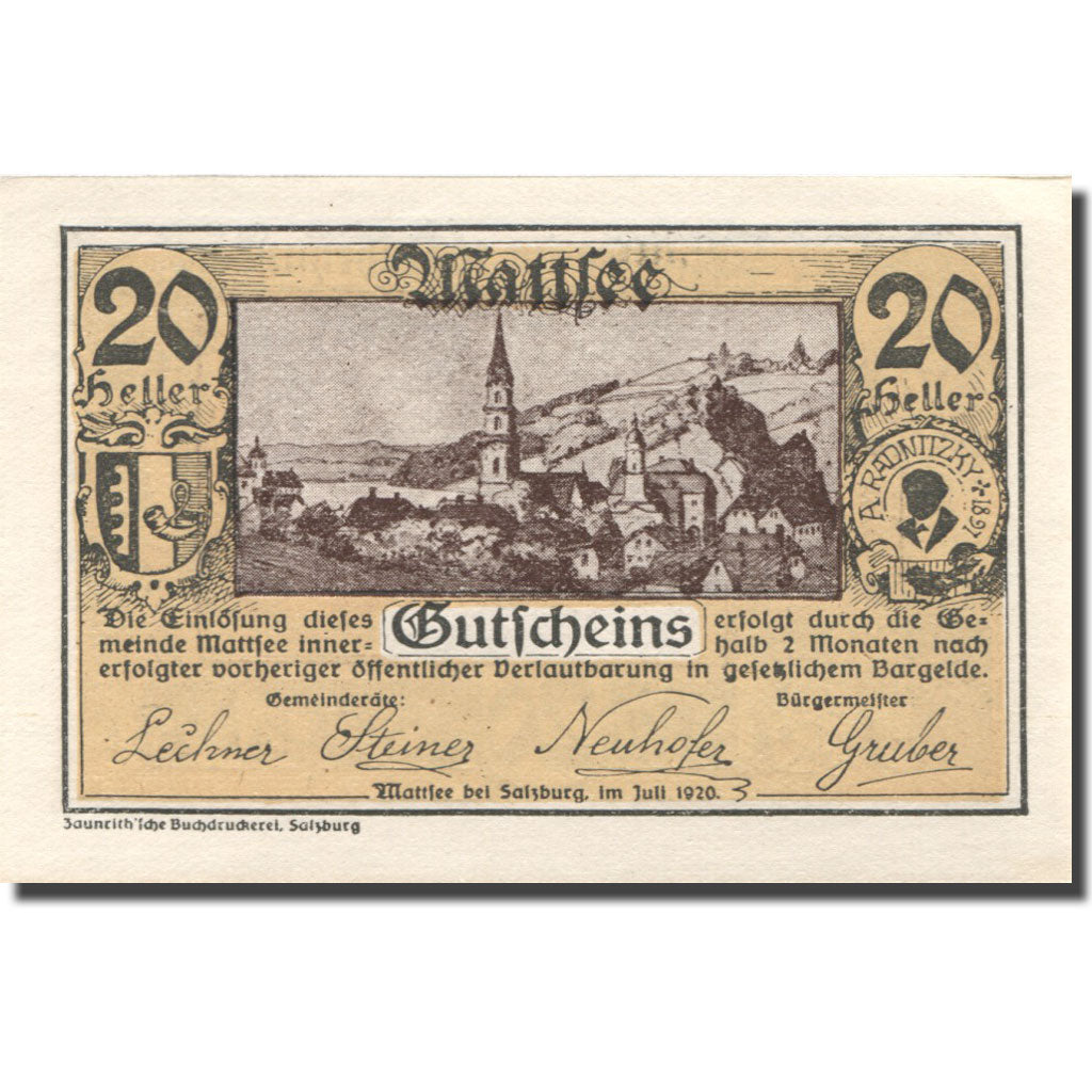 Banknote, Austria, Mattsee, 20 Heller, paysage, UNC(63), Mehl:FS 596a