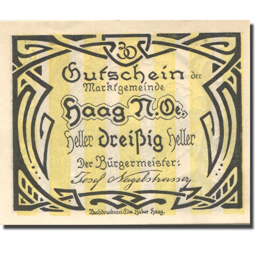 Banknote, Austria, Haag, 30 Heller, Eglise 1920-12-31, UNC(63), Mehl:FS 318
