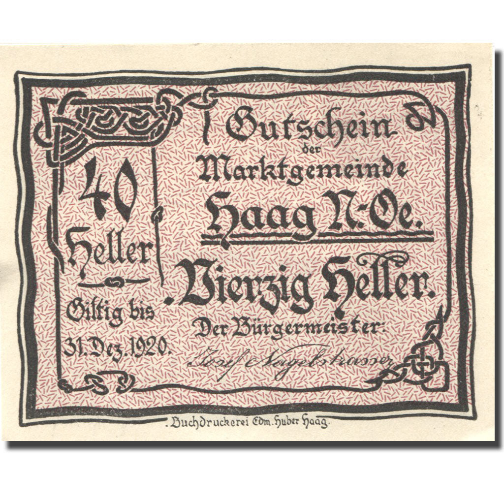 Banknote, Austria, Haag, 40 Heller, village 1920-12-31, UNC(63), Mehl:FS 318