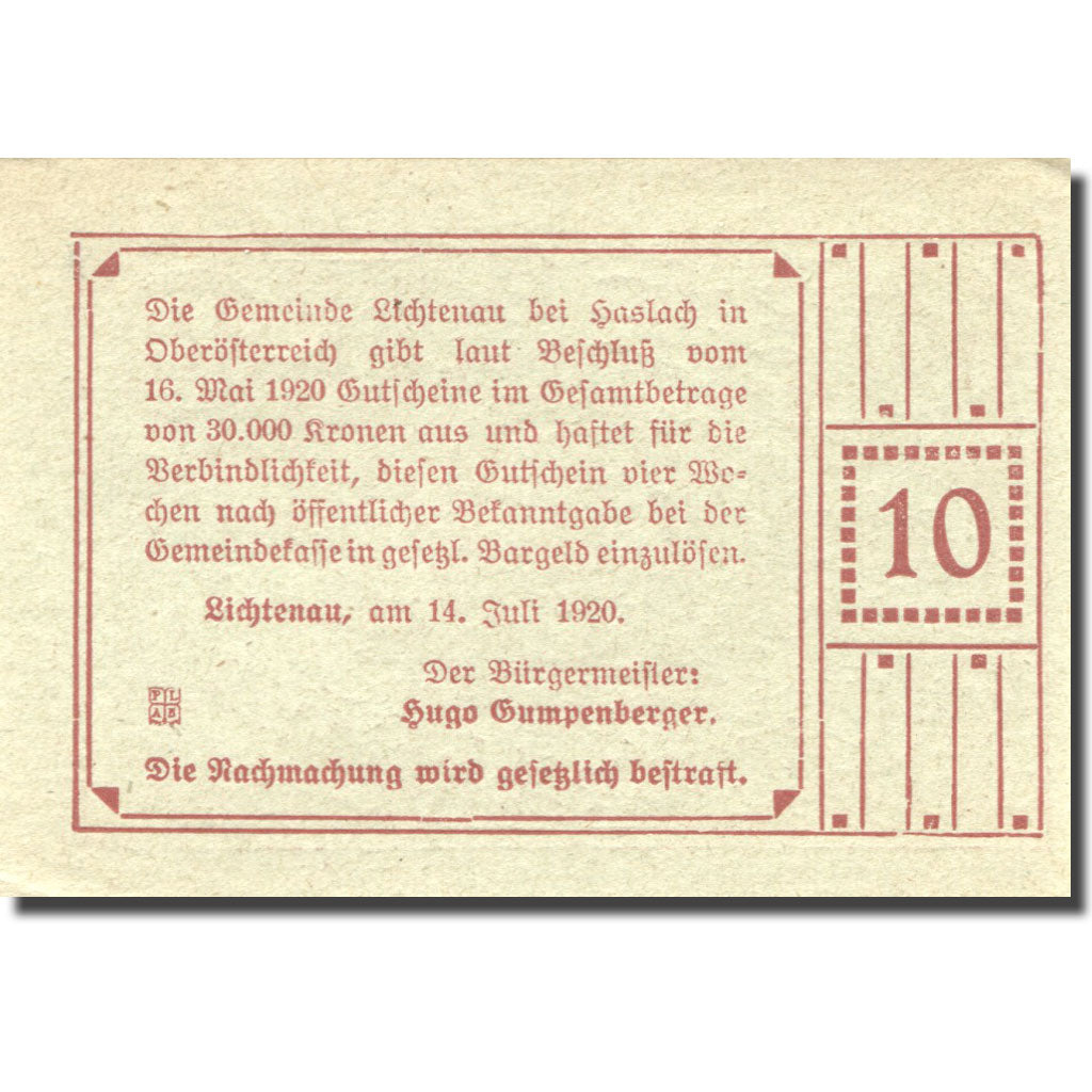 Banknote, Austria, Lichtenau, 10 Heller, Blason, 1920 UNC(63) Mehl:FS 517