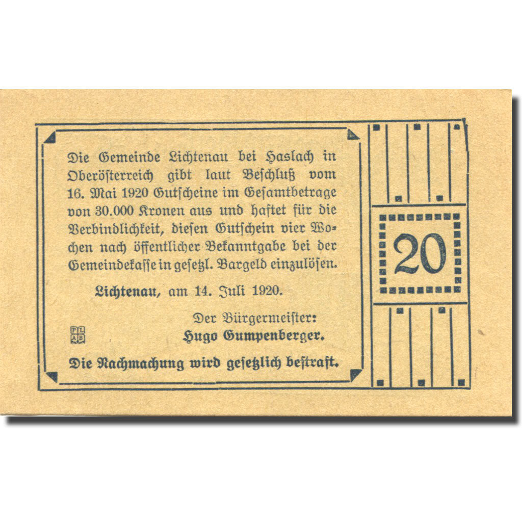 Banknote, Austria, Lichtenau, 20 Heller, personnage, 1920 UNC(63) Mehl:FS 517