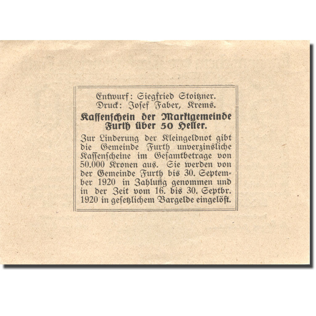 Billet, Autriche, Furth, 50 Heller, rue, 1920, 1920-09-30, SUP, Mehl:FS 214aB