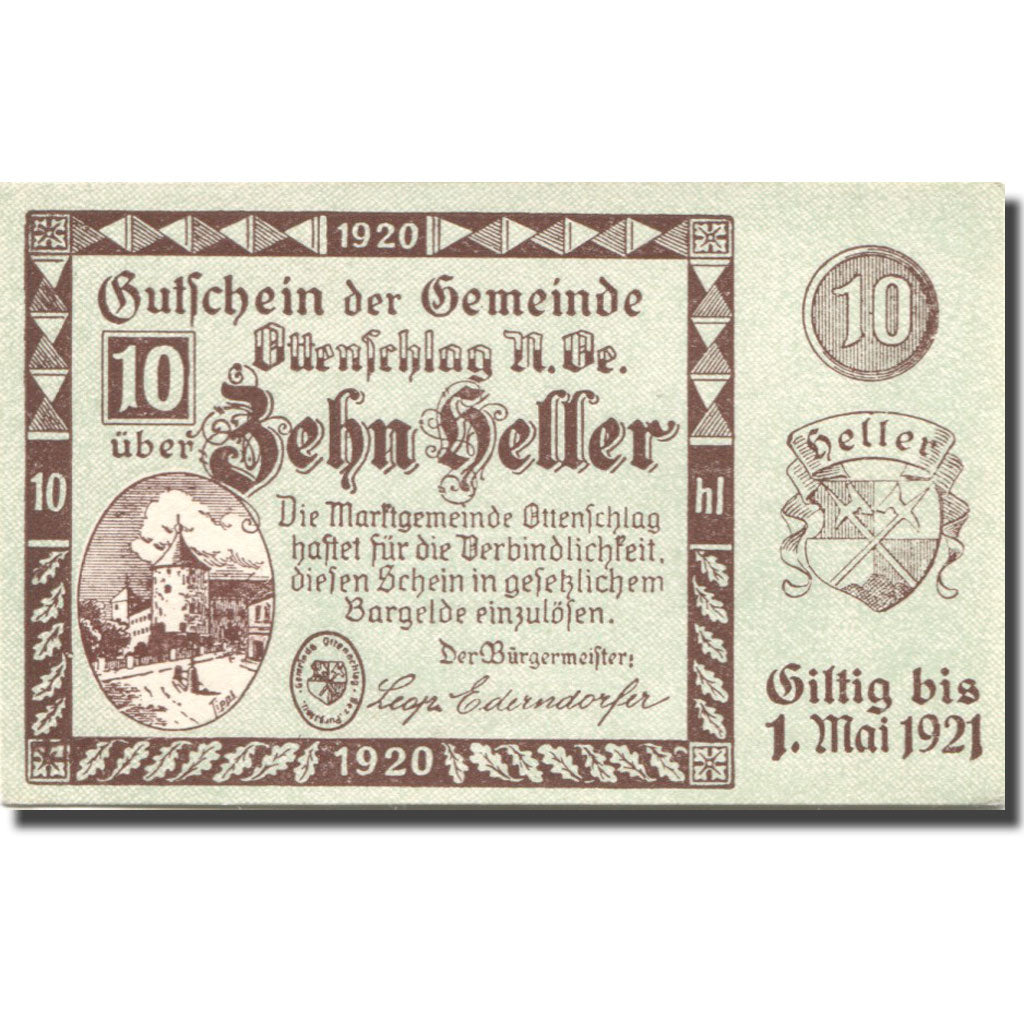 Banknote, Austria, Ottenschlag, 10 Heller, château, 1921 UNC(63) Mehl:FS 716a