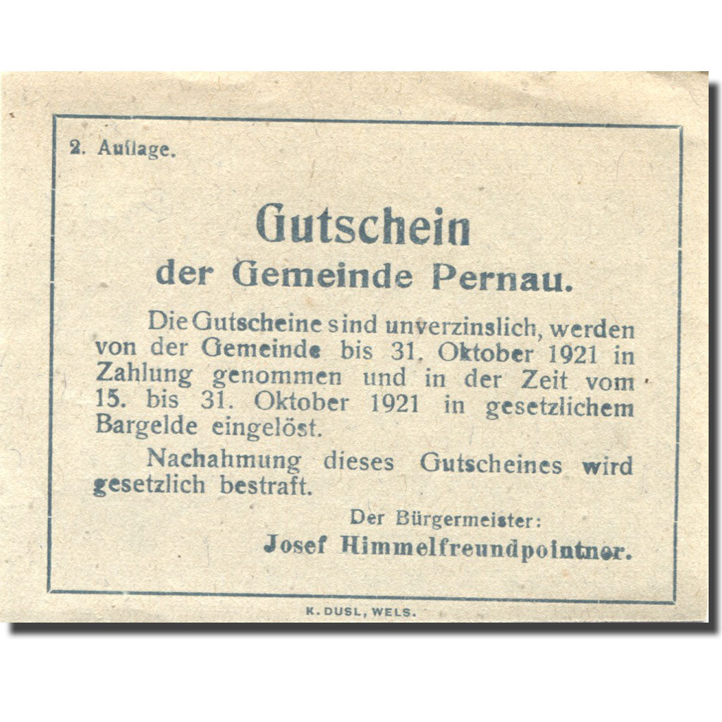 Geldschein, Österreich, Pernau, 50 Heller, Eglise, 1920, UNZ- Mehl:FS 734II