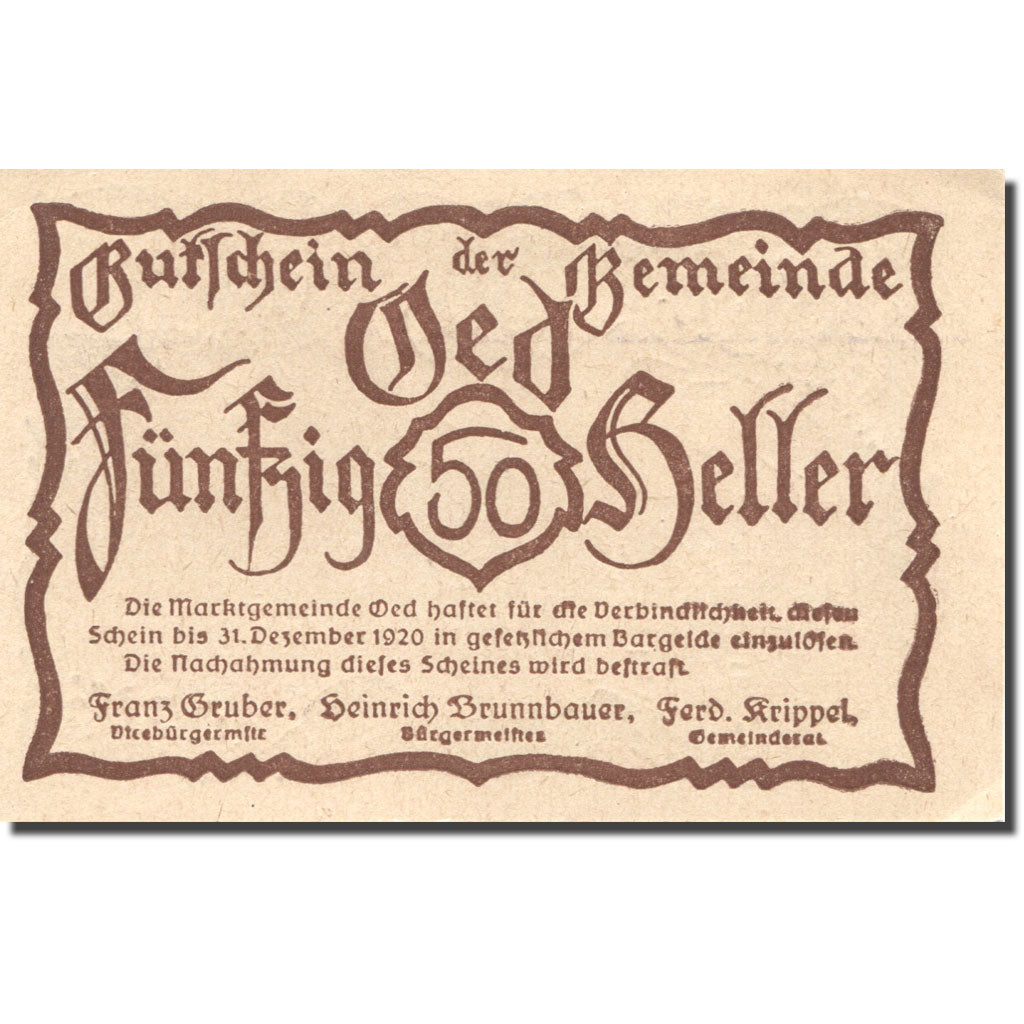 Banknote, Austria, Oed, 50 Heller, Eglise 1920-12-31, UNC(63), Mehl:FS 703a