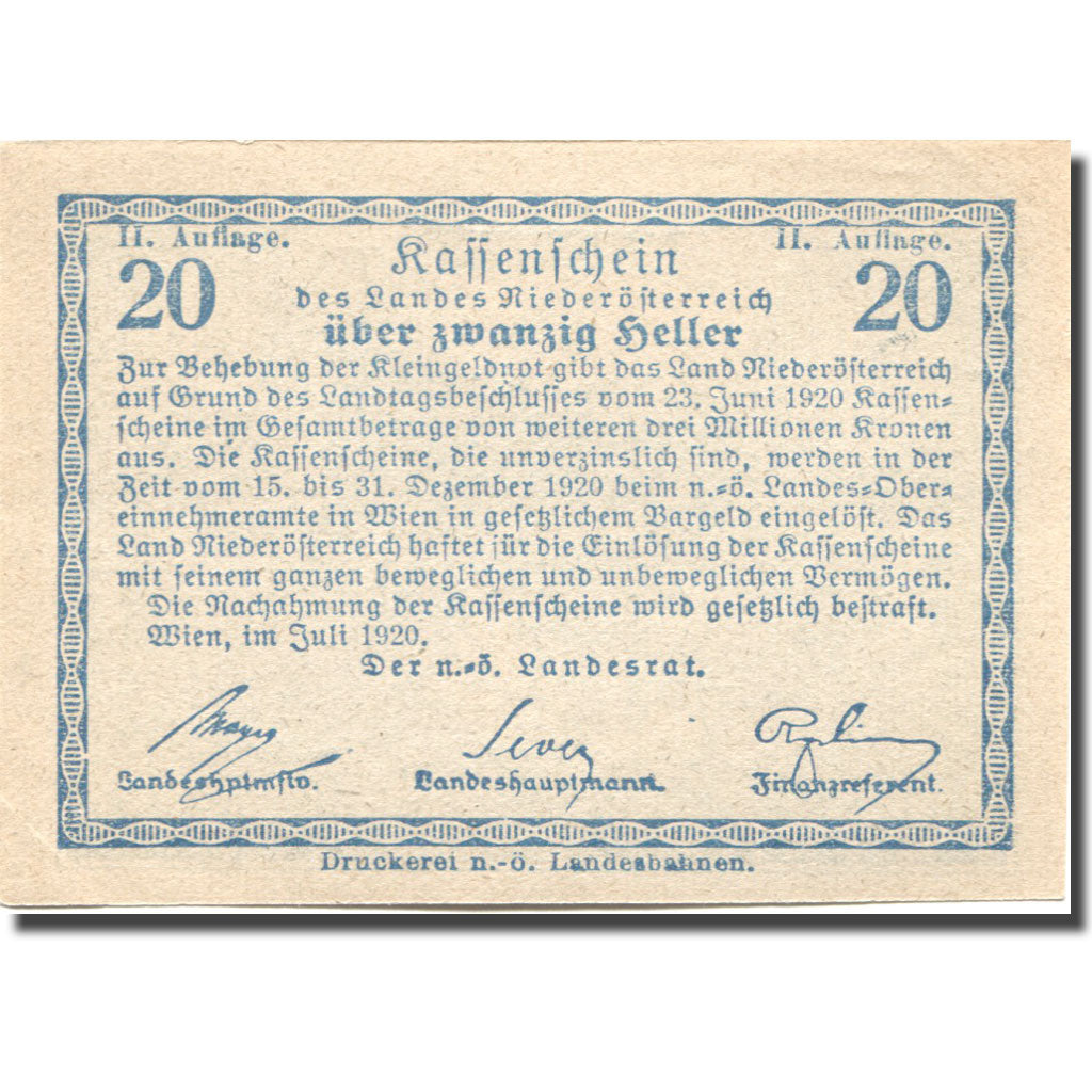 Banconote, Austria, Niederösterreich 20 Heller montagne 1920 SPL Mehl:FS 671IIa