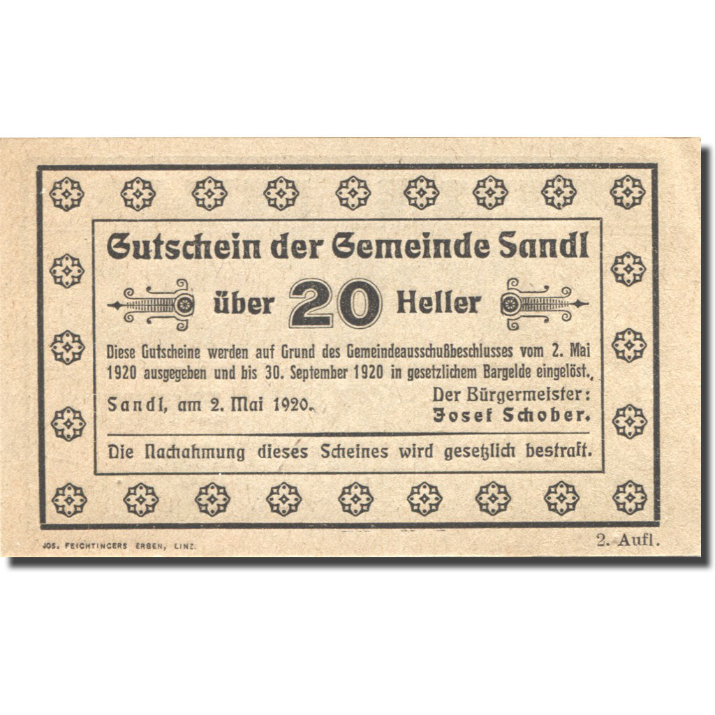 Banknote, Austria, Sandl, 20 Heller, personnage, 1920 UNC(63) Mehl:FS 874Ib