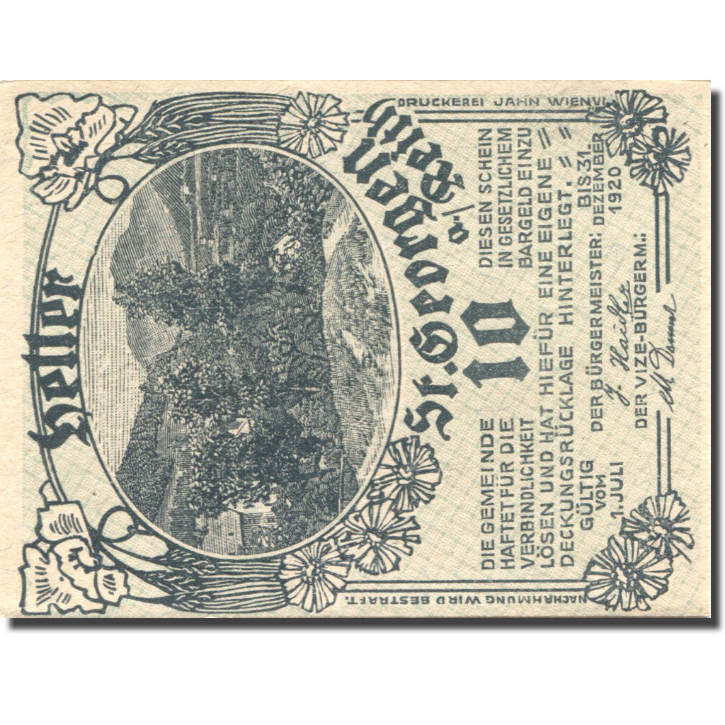 Banknote, Austria, St Georgen, 10 Heller, paysage, 1920 UNC(63) Mehl:FS 883Ia