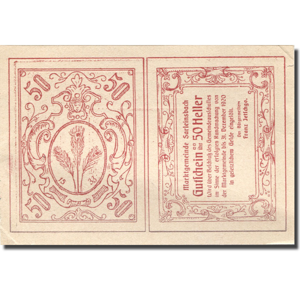 Banknote, Austria, Sarleinsbach, 50 Heller, village, 1920 UNC(63) Mehl:FS 948a