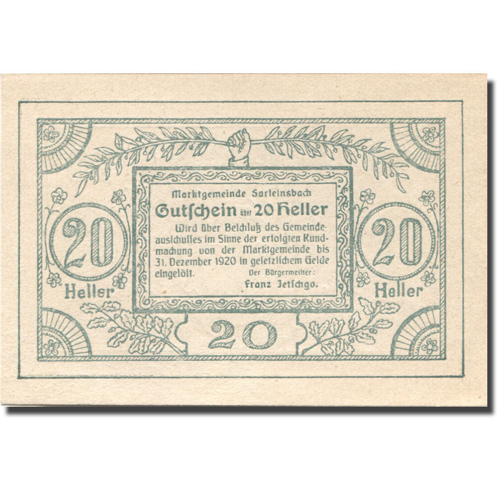 Banknote, Austria, Sarleinsbach, 20 Heller, Blason, 1920 UNC(63) Mehl:FS 948a