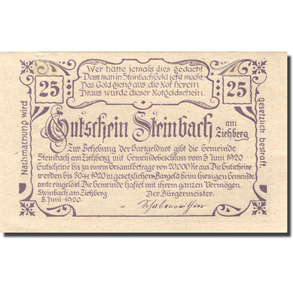 Banknote, Austria, Steinbach, 25 Heller, paysage, 1920 UNC(63) Mehl:FS 1024