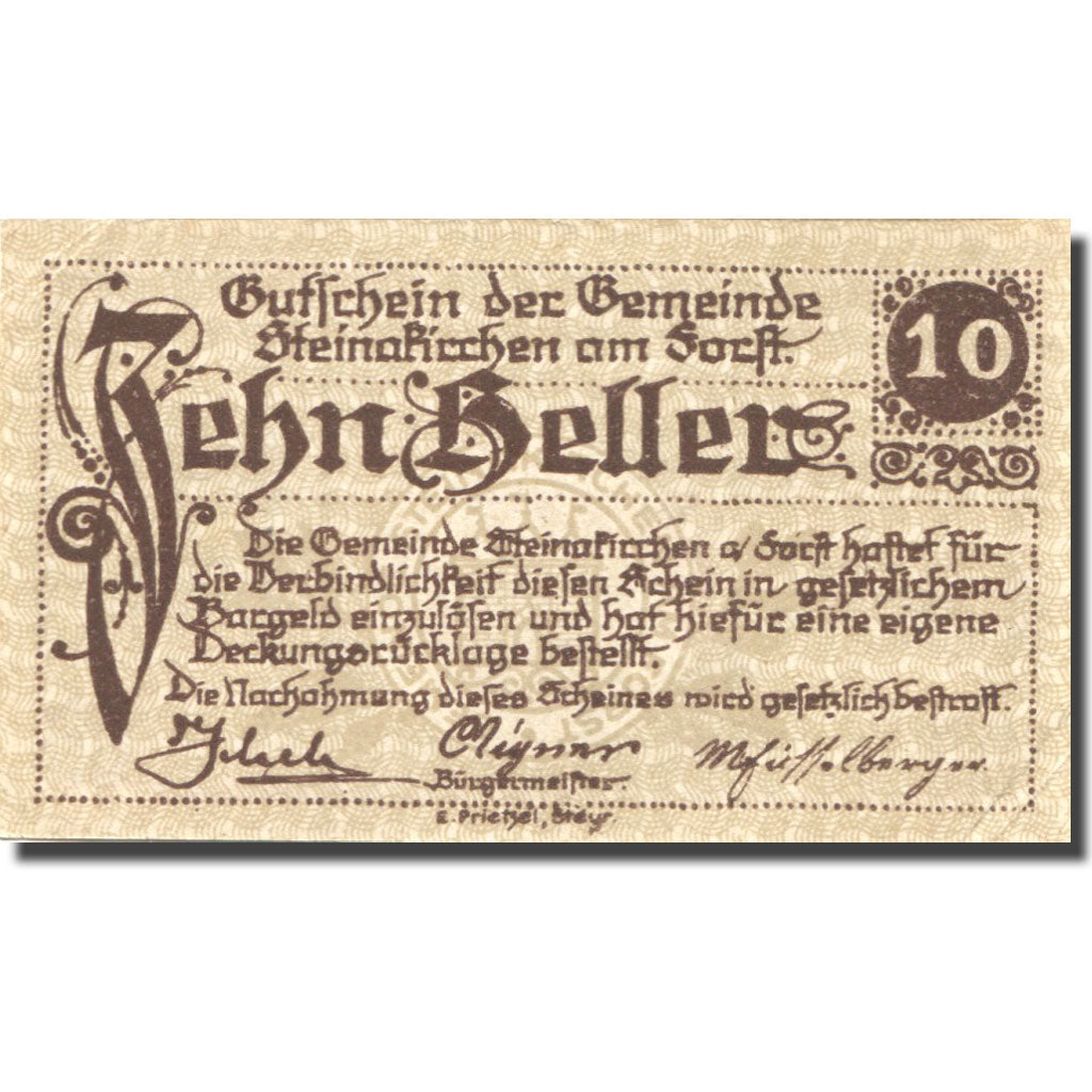 Banknote, Austria, Steinakirchen 10 Heller face value 1922 UNC(63) Mehl:FS 1017I