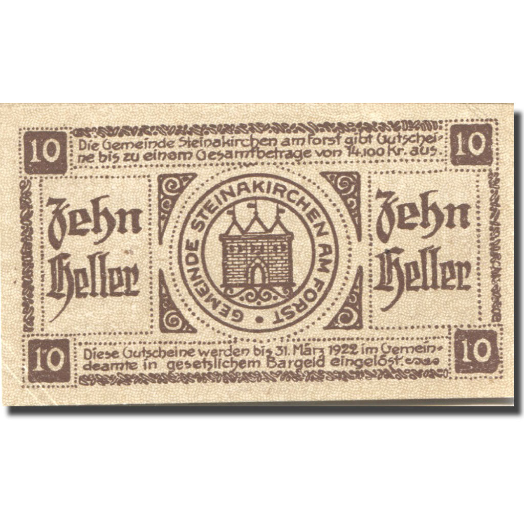 Banknote, Austria, Steinakirchen 10 Heller face value 1922 UNC(63) Mehl:FS 1017I