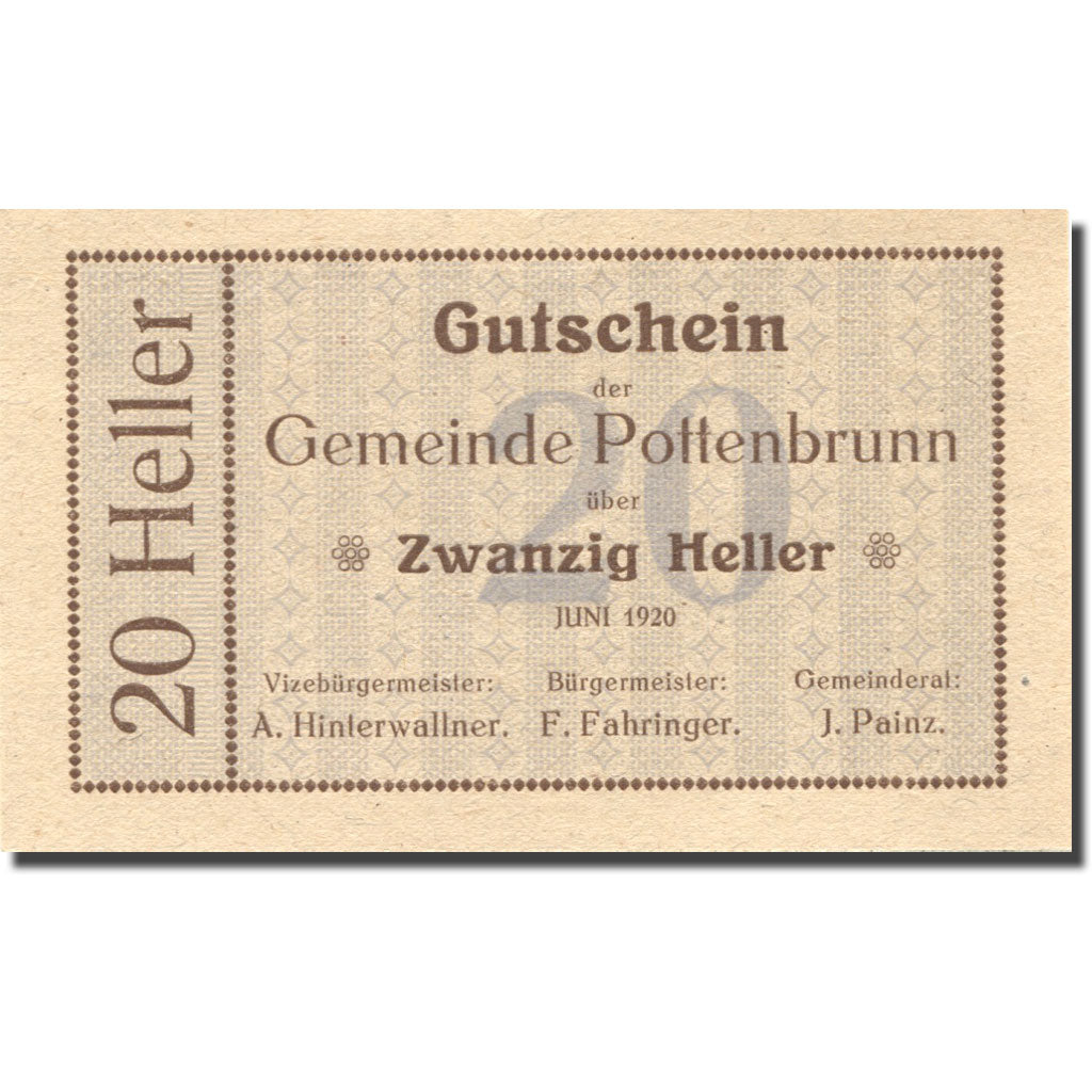 Banconote, Austria, Pottenbrunn, 20 Heller, valeur faciale, 1920 SPL Mehl:FS 112
