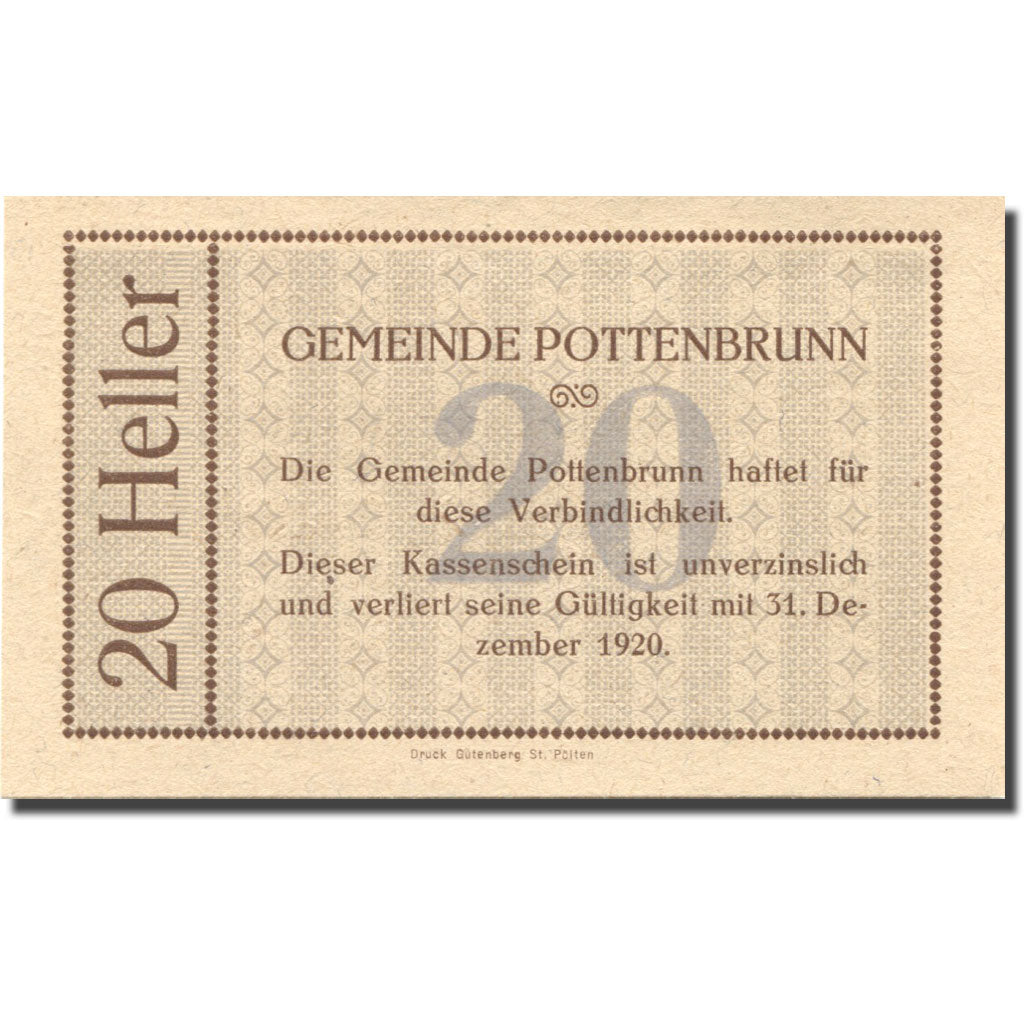 Banconote, Austria, Pottenbrunn, 20 Heller, valeur faciale, 1920 SPL Mehl:FS 112