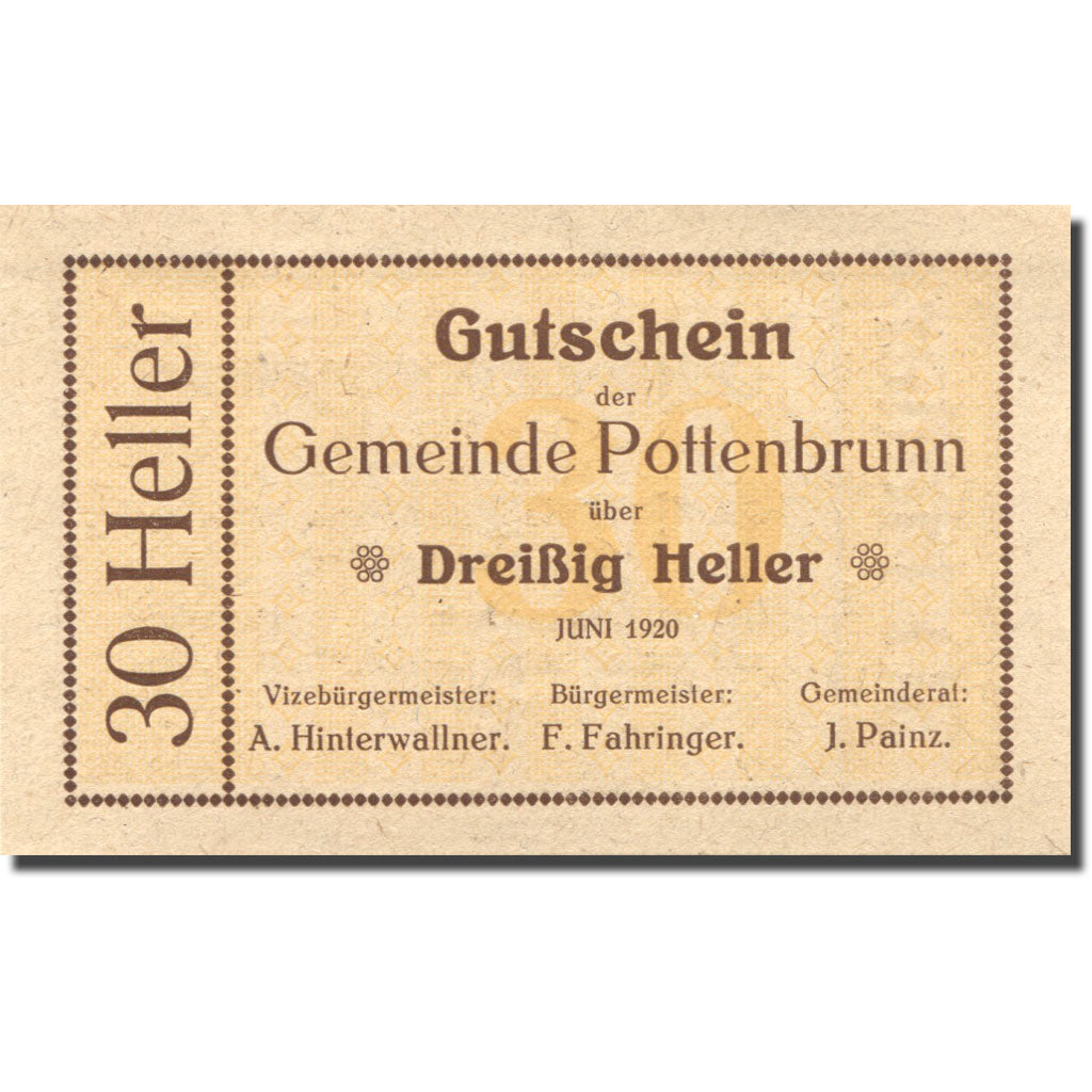Banknote, Austria Pottenbrunn 30 Heller valeur faciale 1920 UNC(63) Mehl:FS 112