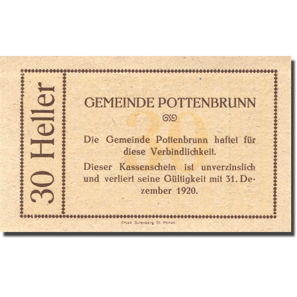 Banknote, Austria Pottenbrunn 30 Heller valeur faciale 1920 UNC(63) Mehl:FS 112