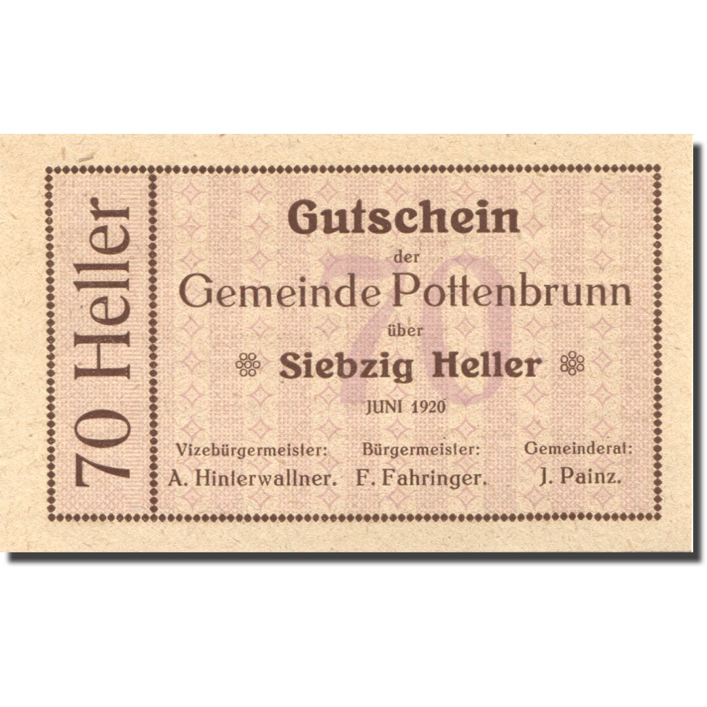 Banknot, Austria, Pottenbrunn, 70 Heller, valeur faciale, 1920, 1920-12-31