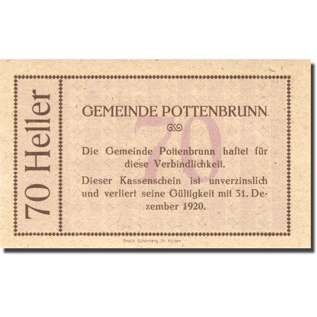 Banknot, Austria, Pottenbrunn, 70 Heller, valeur faciale, 1920, 1920-12-31