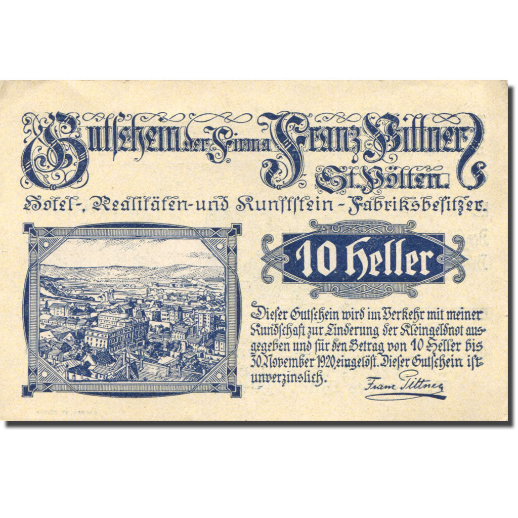 Banknote, Austria, St Pölten, 10 Heller, paysage, 1920 AU(55-58) Mehl:FS 927