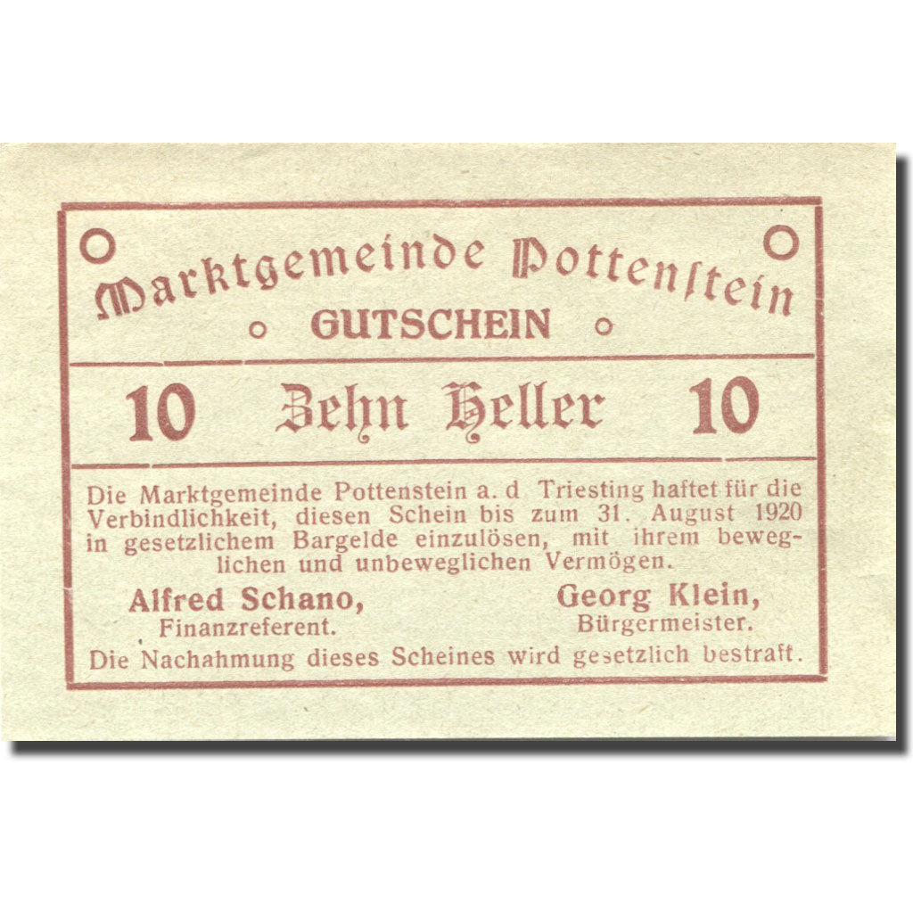 Banknote Austria Pottenstein 10 Heller valeur faciale 1920 UNC(63) Mehl:FS 848a