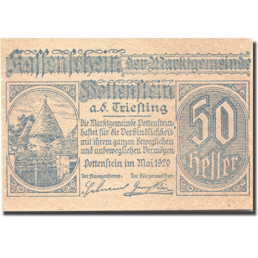 Banknote, Austria, Pottenstein, 50 Heller, château, 1920 UNC(63) Mehl:FS 848b