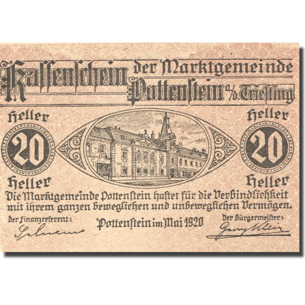 Banknote, Austria, Pottenstein, 20 Heller, rue, 1920 UNC(63) Mehl:FS 848
