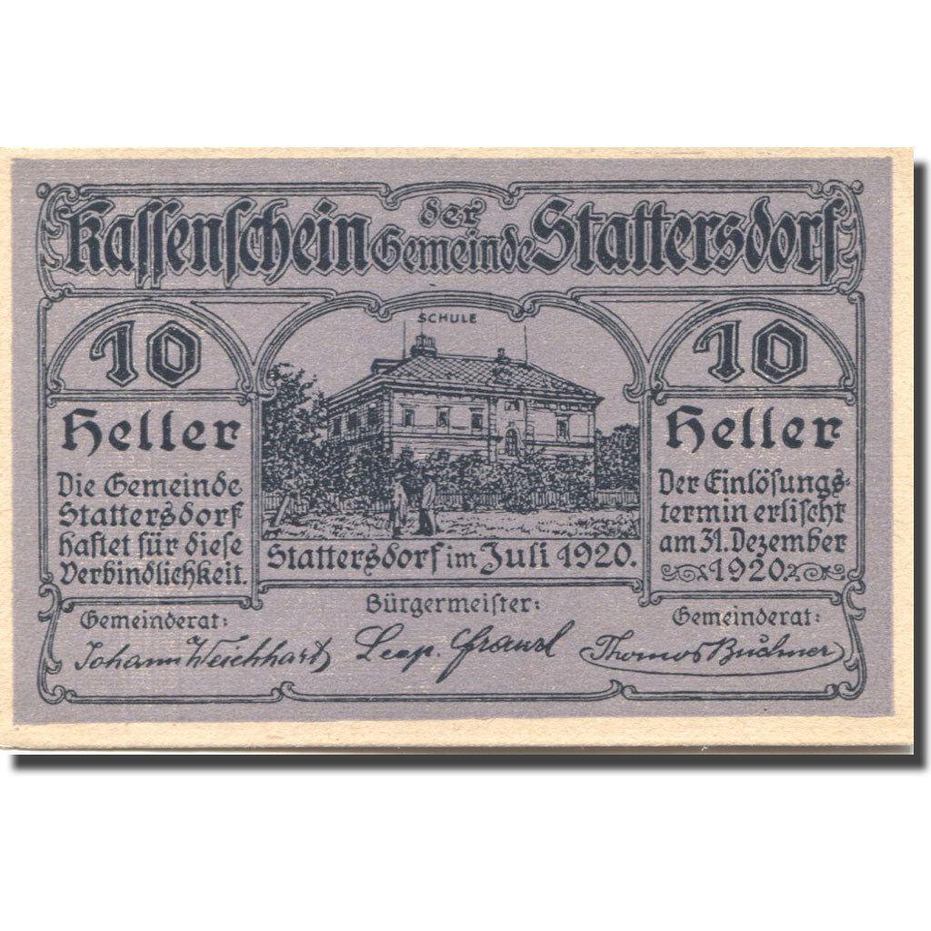 Banknote, Austria, Stattersdorf, 10 Heller, école 1920 UNC(63) lila Mehl:FS 1112
