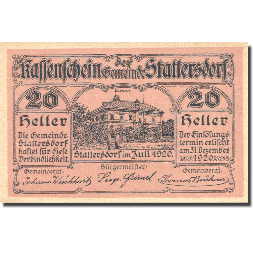 Banknote Austria Stattersdorf 20Heller école 1, 1920 UNC(63) Pink Mehl:FS 1112