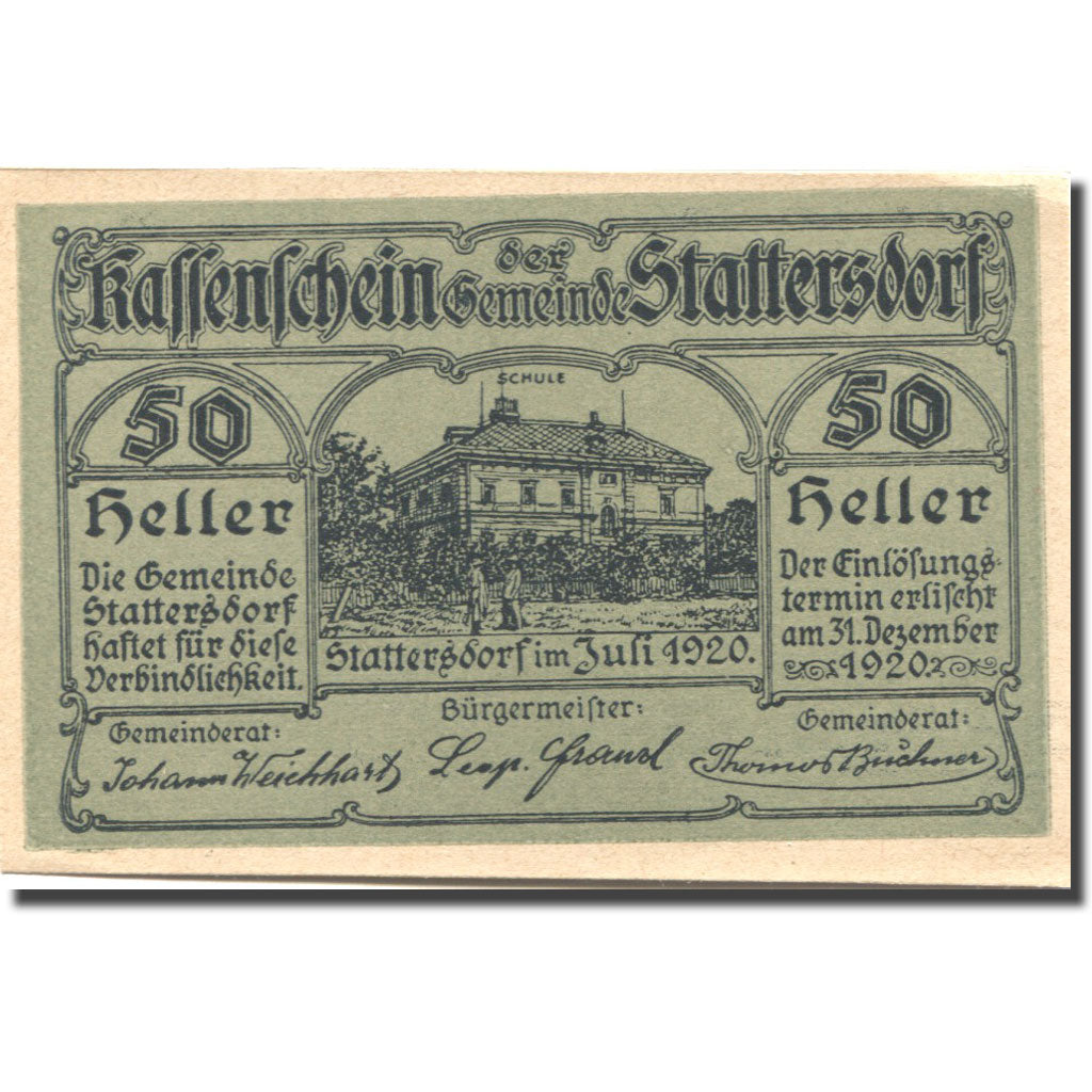 Banknote Austria Stattersdorf 50 Heller école 2, 1920 green UNC(63) Mehl:FS 1112