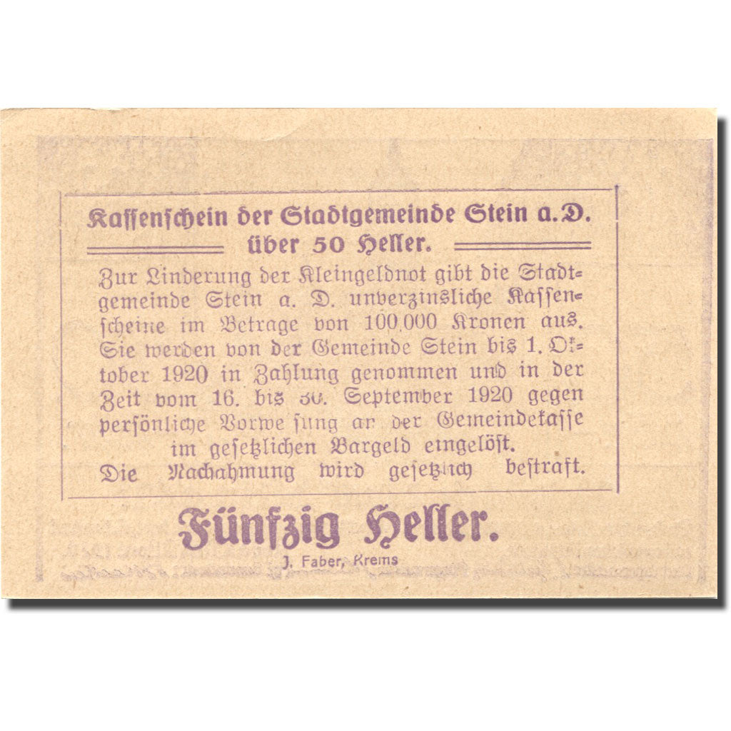Banconote, Austria, Stein a/d Donau 50 Heller Eglise 1920 SPL Mehl:FS 1015I.6