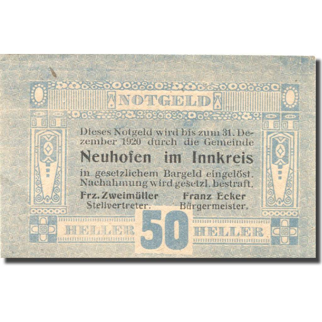 Banknote, Austria, Neuhofen 50 Heller valeur faciale, 1920 UNC(63) Mehl:FS 652Ia