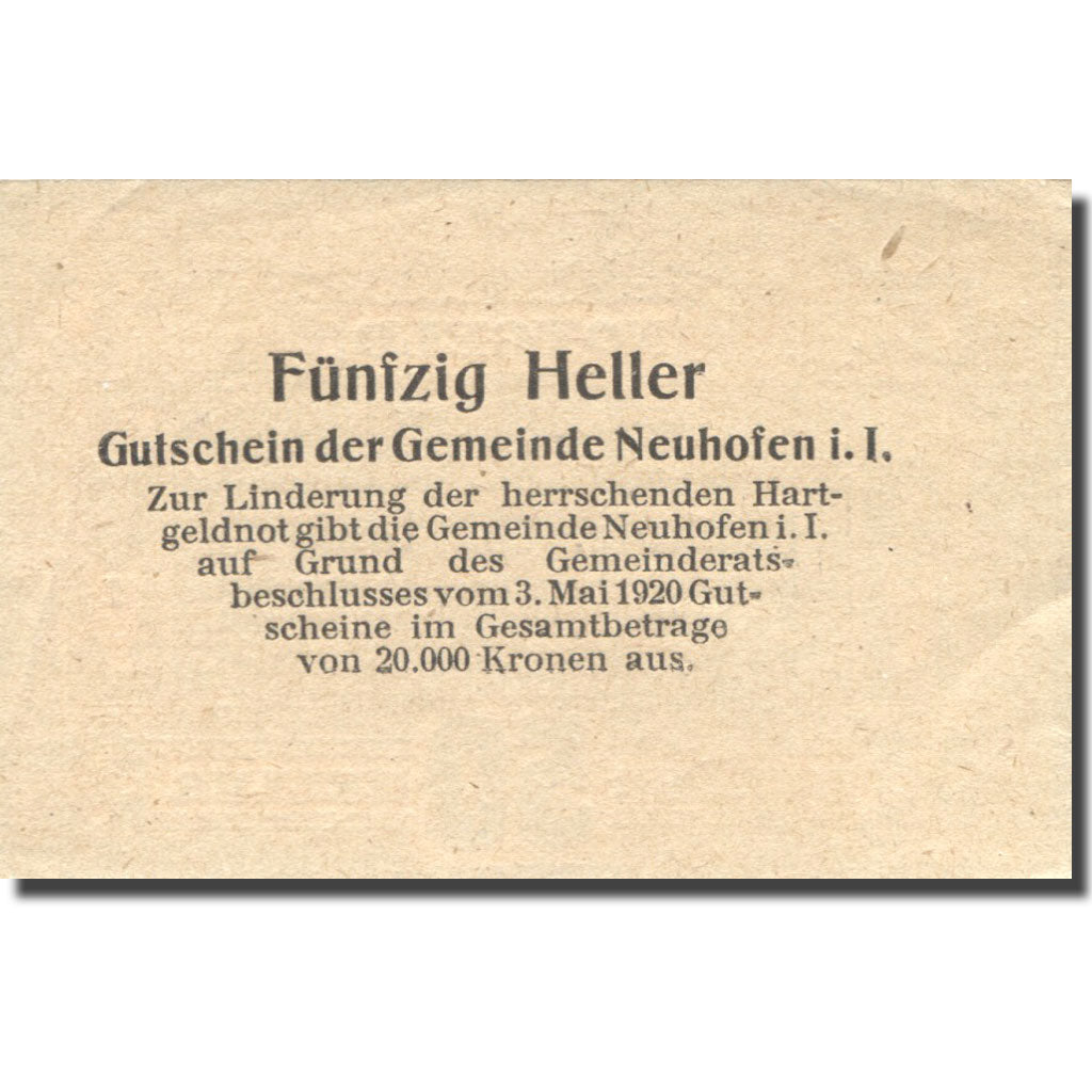 Banknote, Austria, Neuhofen 50 Heller valeur faciale, 1920 UNC(63) Mehl:FS 652Ia