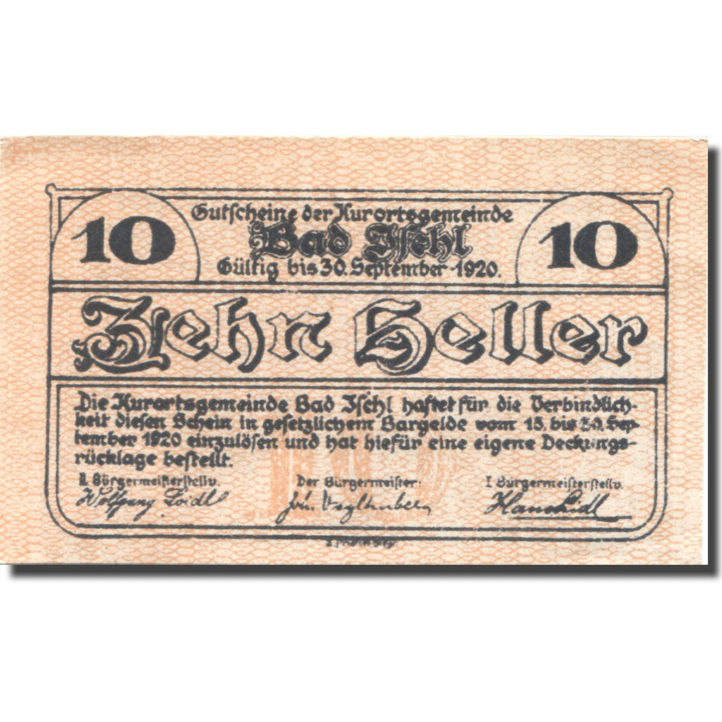 Banknote, Austria, Bad Ischl, 10 Heller, bateau, 1920 UNC(63) Mehl:FS 77c