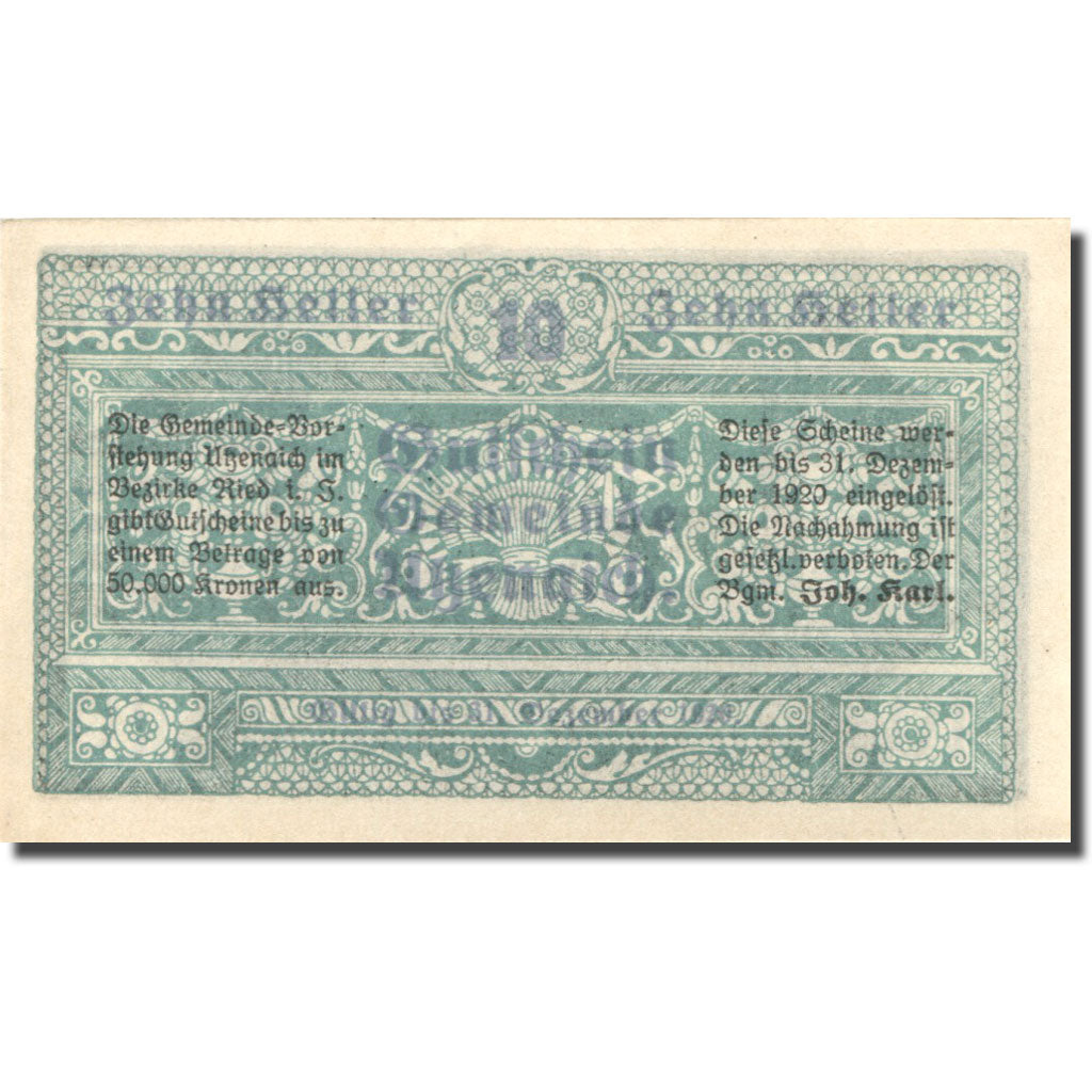 Banknote, Austria, Utzenaich 10 Heller, château, 1920 green UNC(63) Mehl:FS 1107