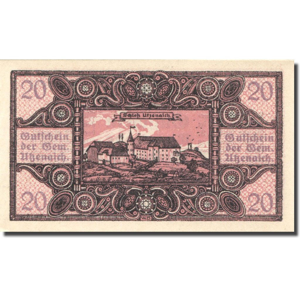 Banknote Austria Utzenaich 20 Heller, château 1, 1920 UNC(63) pink Mehl:FS 1107