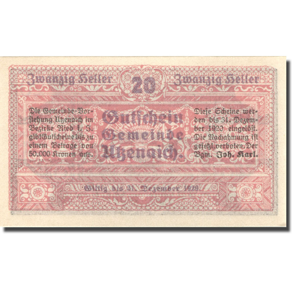 Banknote Austria Utzenaich 20 Heller, château 1, 1920 UNC(63) pink Mehl:FS 1107