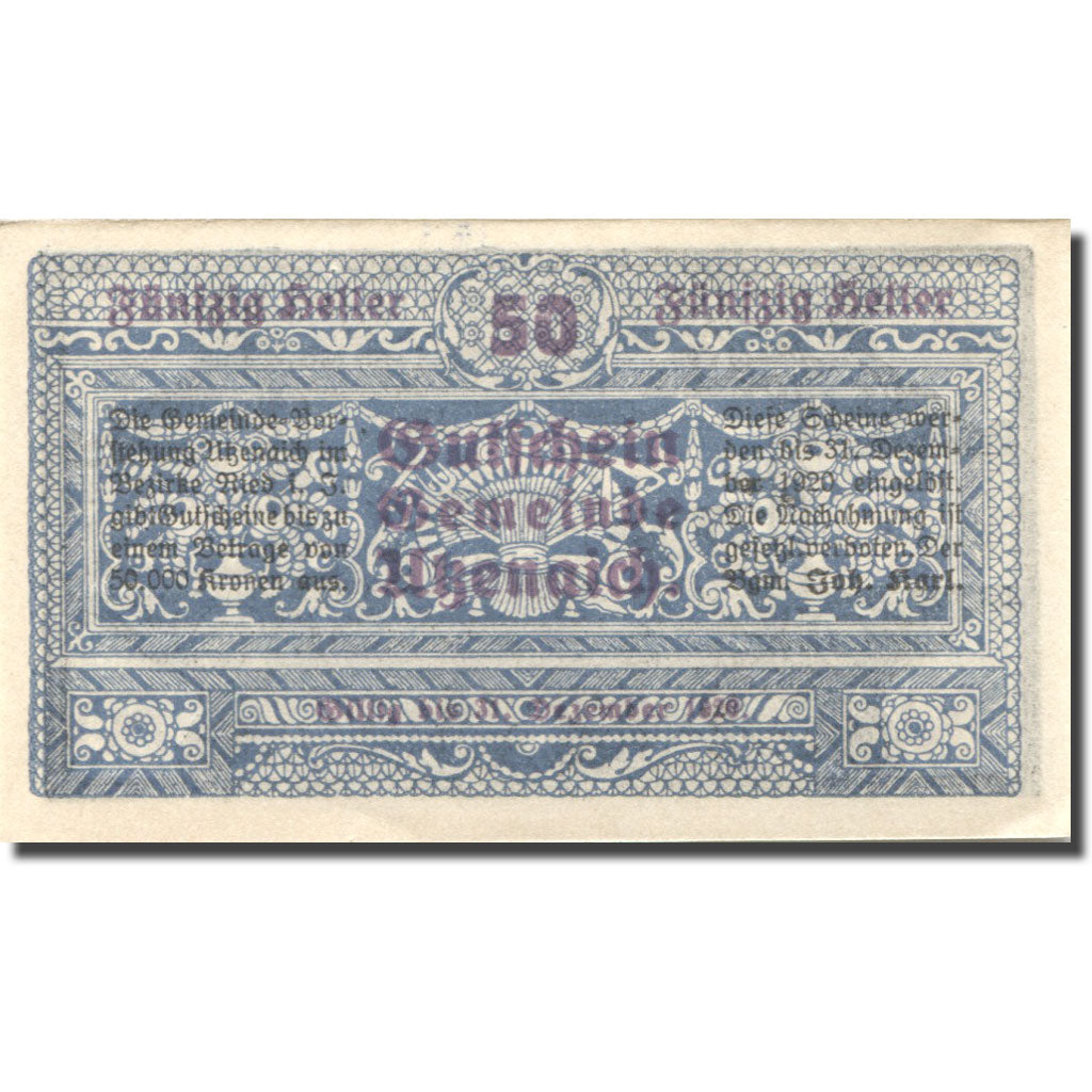Banknote, Austria Utzenaich 50 Heller, château 2, 1920 UNC(63) blue Mehl:FS 1107