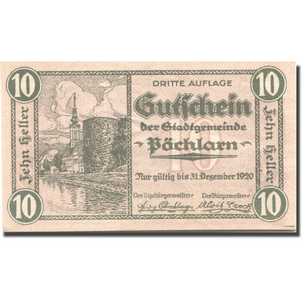 Banknote, Austria, Pöchlarn, 10 Heller, château, 1920 UNC(63) Mehl:FS 755III
