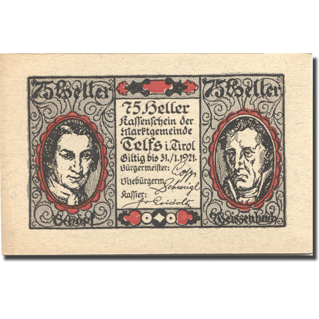 Banknote, Austria, Telfs, 75 Heller, Eglise 1921-01-31, UNC(63), Mehl:FS 1061d