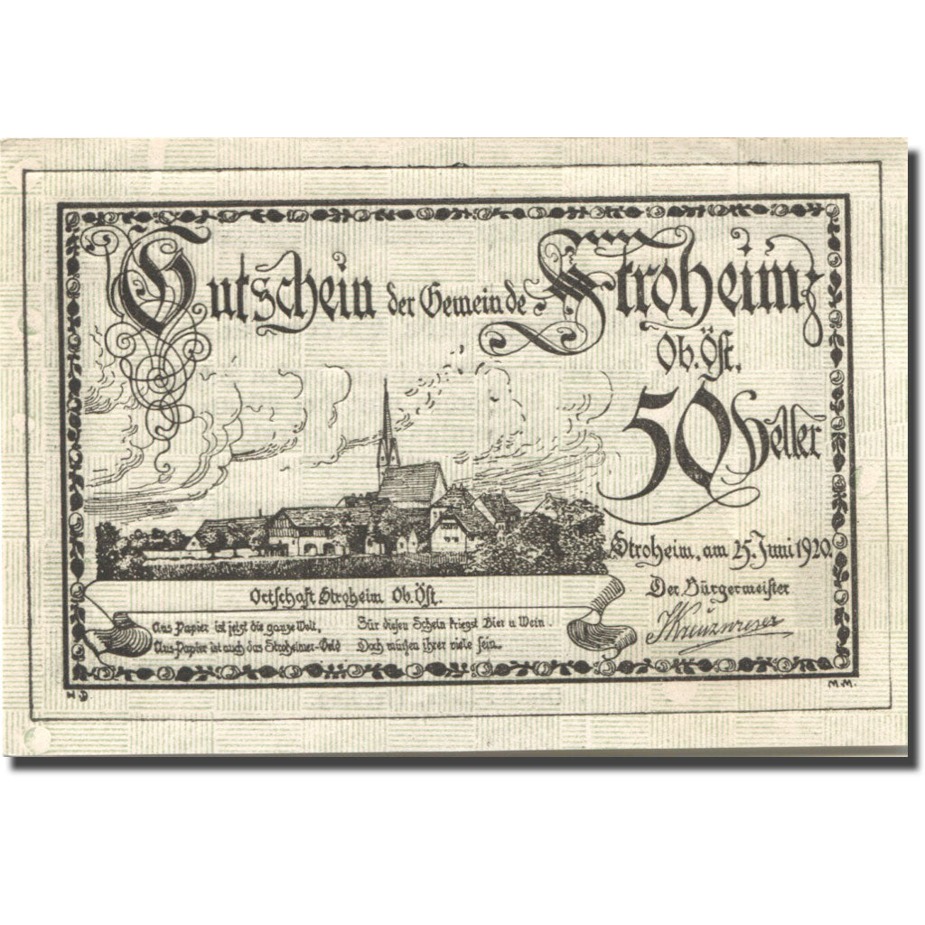 Banknote Austria Stroheim 50Heller, Eglise 1, 1920 UNC(63) green Mehl:FS 1050Ib